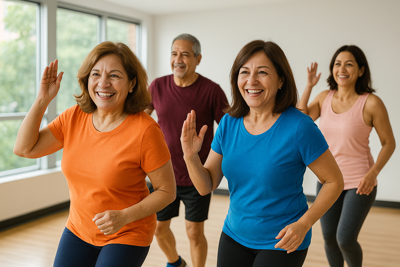 Grupo de adultos bailando en una clase de ritmo latino