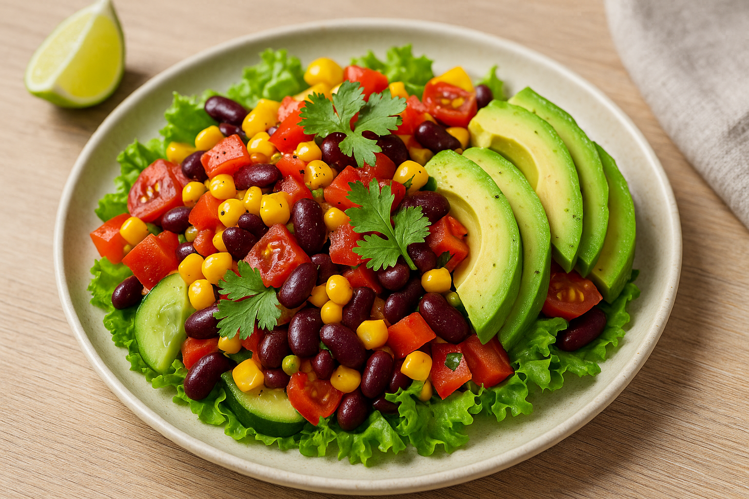 Ensalada colorida con vegetales, frijoles y aguacate
